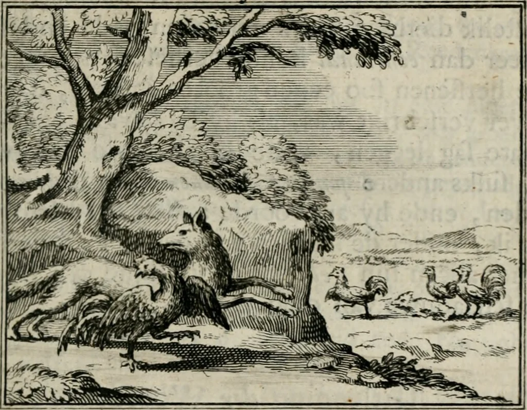 An illustration from Sinryke fabulen : verklaart en toegepast tot alderley zeede-lessen, dienstig om waargenoomen te werden in het menschelijke en burgerlijke leeven, 1685, leaf 268
