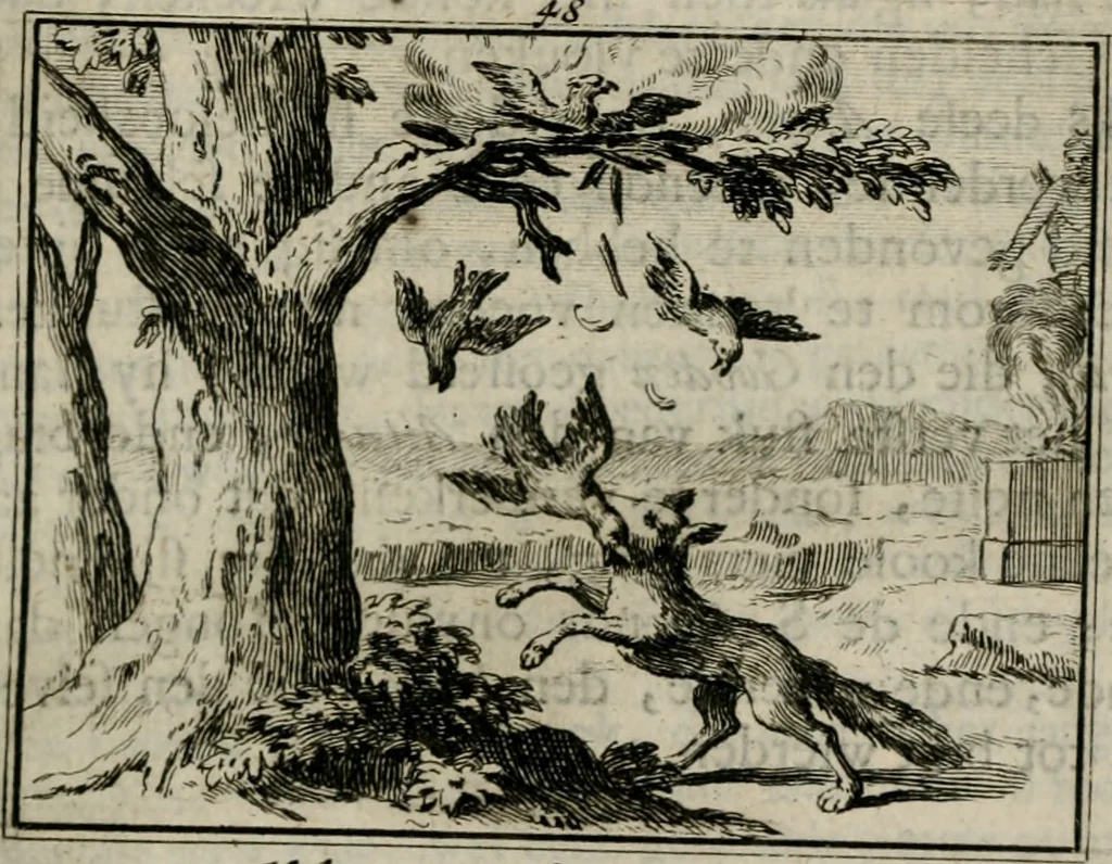 An illustration from Sinryke fabulen : verklaart en toegepast tot alderley zeede-lessen, dienstig om waargenoomen te werden in het menschelijke en burgerlijke leeven, 1685, leaf 280