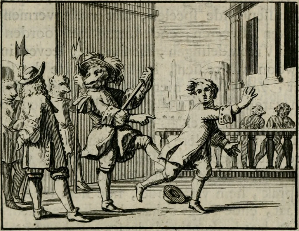 An illustration from Sinryke fabulen : verklaart en toegepast tot alderley zeede-lessen, dienstig om waargenoomen te werden in het menschelijke en burgerlijke leeven, 1685, leaf 32