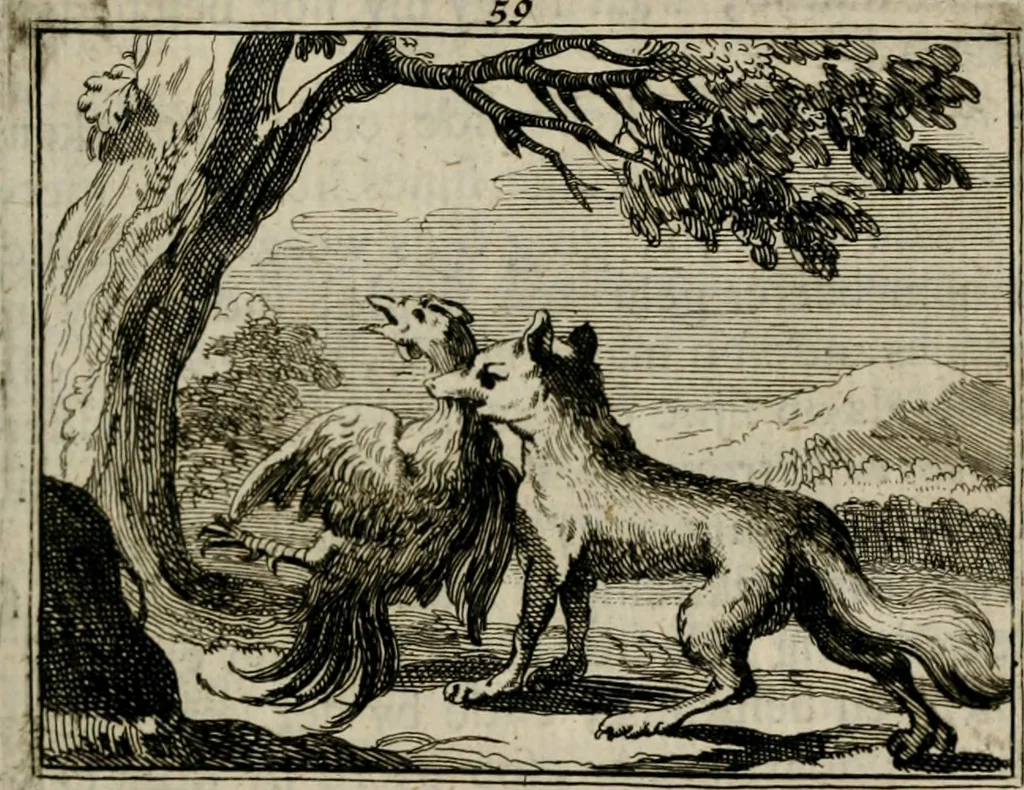 An illustration from Sinryke fabulen : verklaart en toegepast tot alderley zeede-lessen, dienstig om waargenoomen te werden in het menschelijke en burgerlijke leeven, 1685, leaf 358