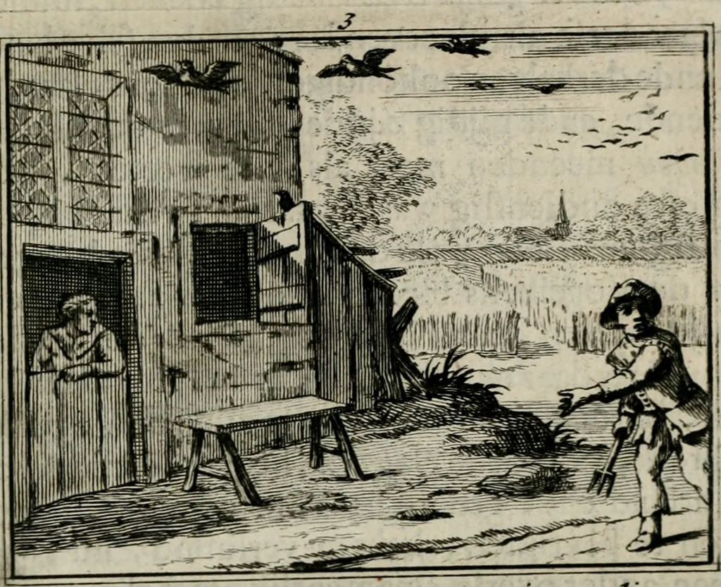 An illustration from Sinryke fabulen : verklaart en toegepast tot alderley zeede-lessen, dienstig om waargenoomen te werden in het menschelijke en burgerlijke leeven, 1685, leaf 38