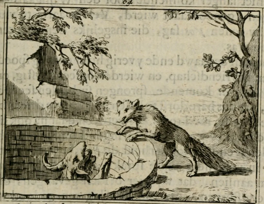 An illustration from Sinryke fabulen : verklaart en toegepast tot alderley zeede-lessen, dienstig om waargenoomen te werden in het menschelijke en burgerlijke leeven, 1685, leaf 396