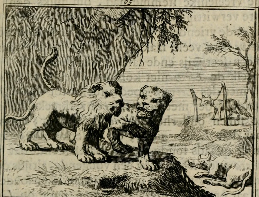 An illustration from Sinryke fabulen : verklaart en toegepast tot alderley zeede-lessen, dienstig om waargenoomen te werden in het menschelijke en burgerlijke leeven, 1685, leaf 404