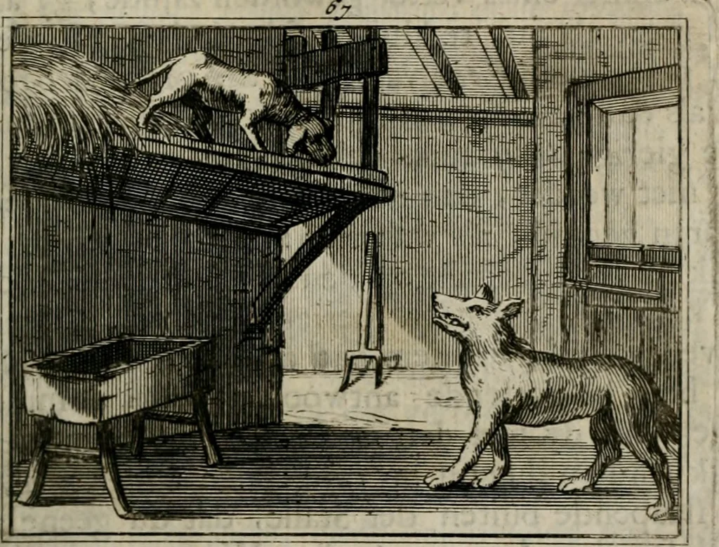 An illustration from Sinryke fabulen : verklaart en toegepast tot alderley zeede-lessen, dienstig om waargenoomen te werden in het menschelijke en burgerlijke leeven, 1685, leaf 422