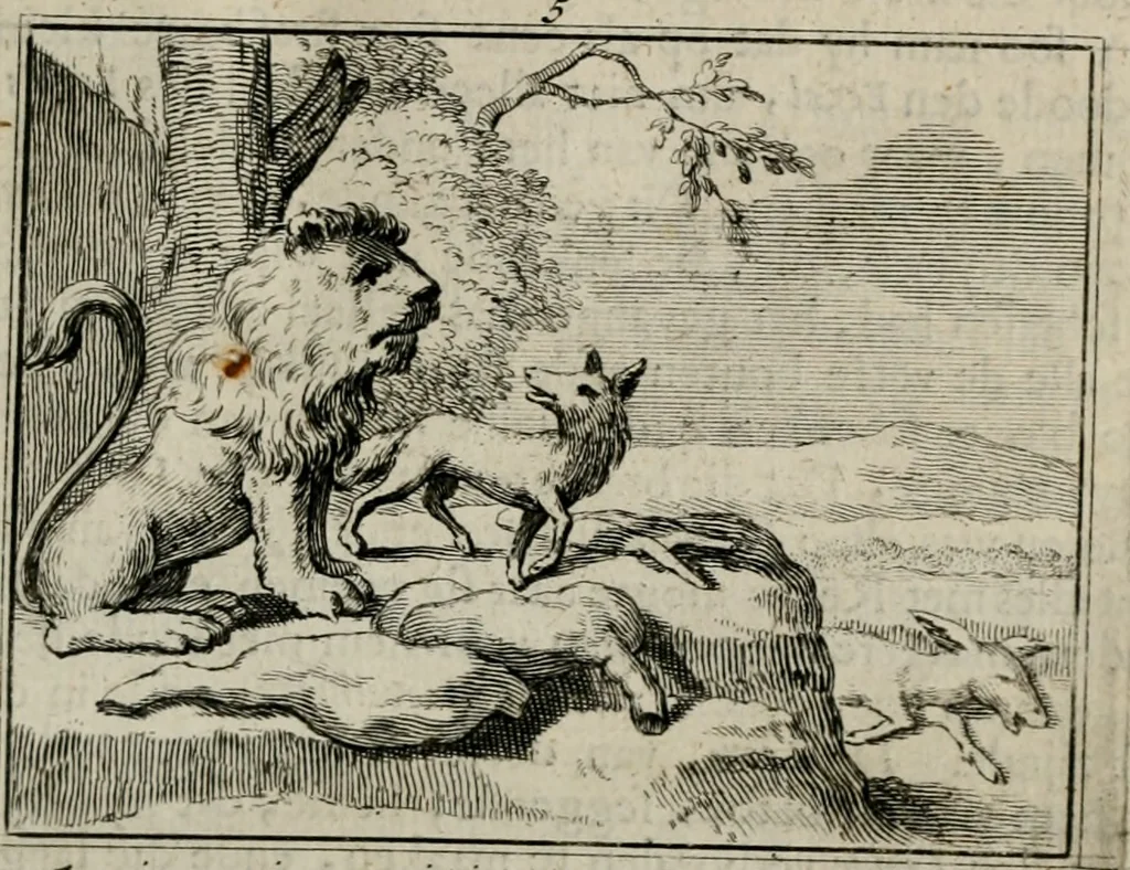 An illustration from Sinryke fabulen : verklaart en toegepast tot alderley zeede-lessen, dienstig om waargenoomen te werden in het menschelijke en burgerlijke leeven, 1685, leaf 48