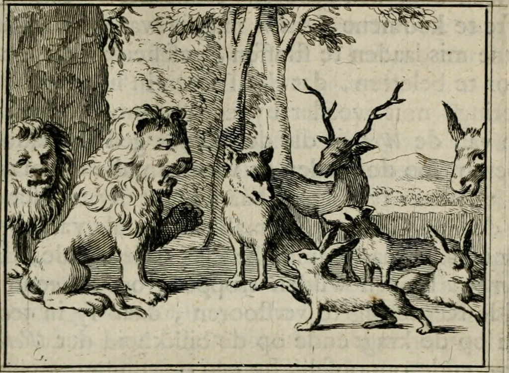 An illustration from Sinryke fabulen : verklaart en toegepast tot alderley zeede-lessen, dienstig om waargenoomen te werden in het menschelijke en burgerlijke leeven, 1685, leaf 52