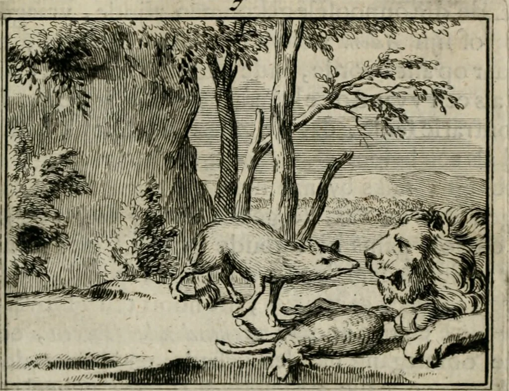 An illustration from Sinryke fabulen : verklaart en toegepast tot alderley zeede-lessen, dienstig om waargenoomen te werden in het menschelijke en burgerlijke leeven, 1685, leaf 58