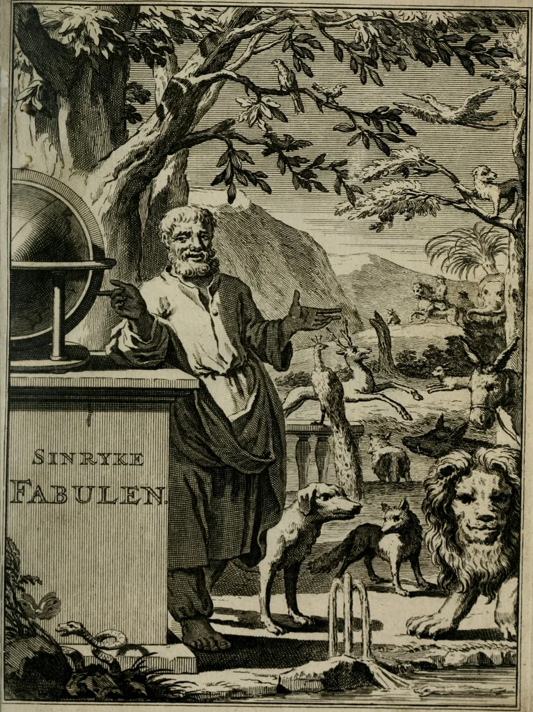 An illustration from Sinryke fabulen : verklaart en toegepast tot alderley zeede-lessen, dienstig om waargenoomen te werden in het menschelijke en burgerlijke leeven, 1685, leaf 6