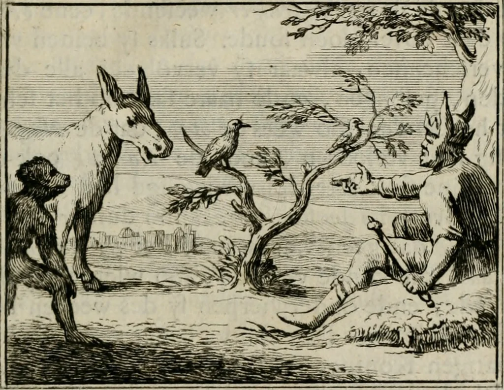 An illustration from Sinryke fabulen : verklaart en toegepast tot alderley zeede-lessen, dienstig om waargenoomen te werden in het menschelijke en burgerlijke leeven, 1685, leaf 600