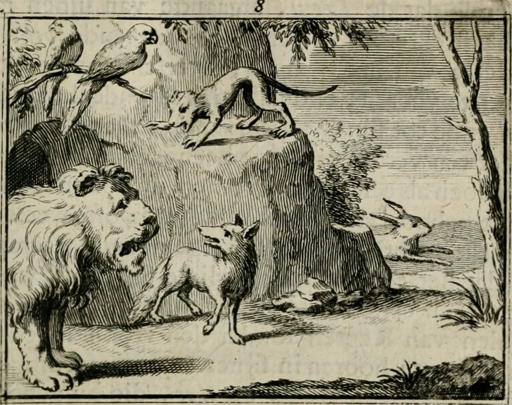 An illustration from Sinryke fabulen : verklaart en toegepast tot alderley zeede-lessen, dienstig om waargenoomen te werden in het menschelijke en burgerlijke leeven, 1685, leaf 62