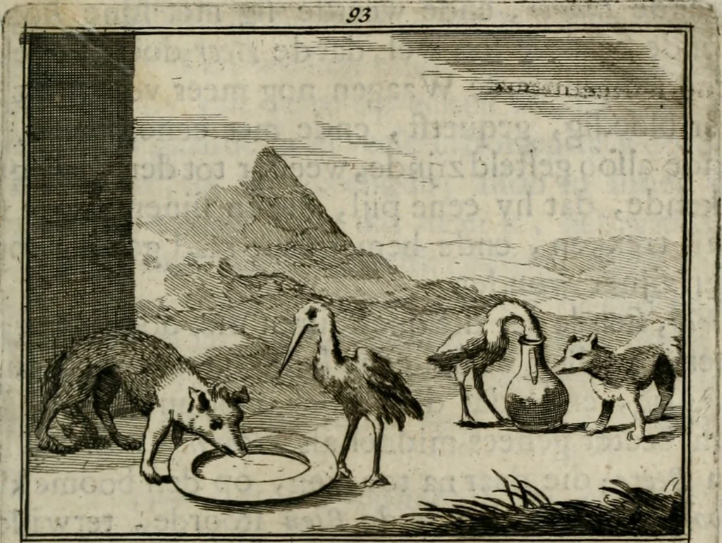 An illustration from Sinryke fabulen : verklaart en toegepast tot alderley zeede-lessen, dienstig om waargenoomen te werden in het menschelijke en burgerlijke leeven, 1685, leaf 672