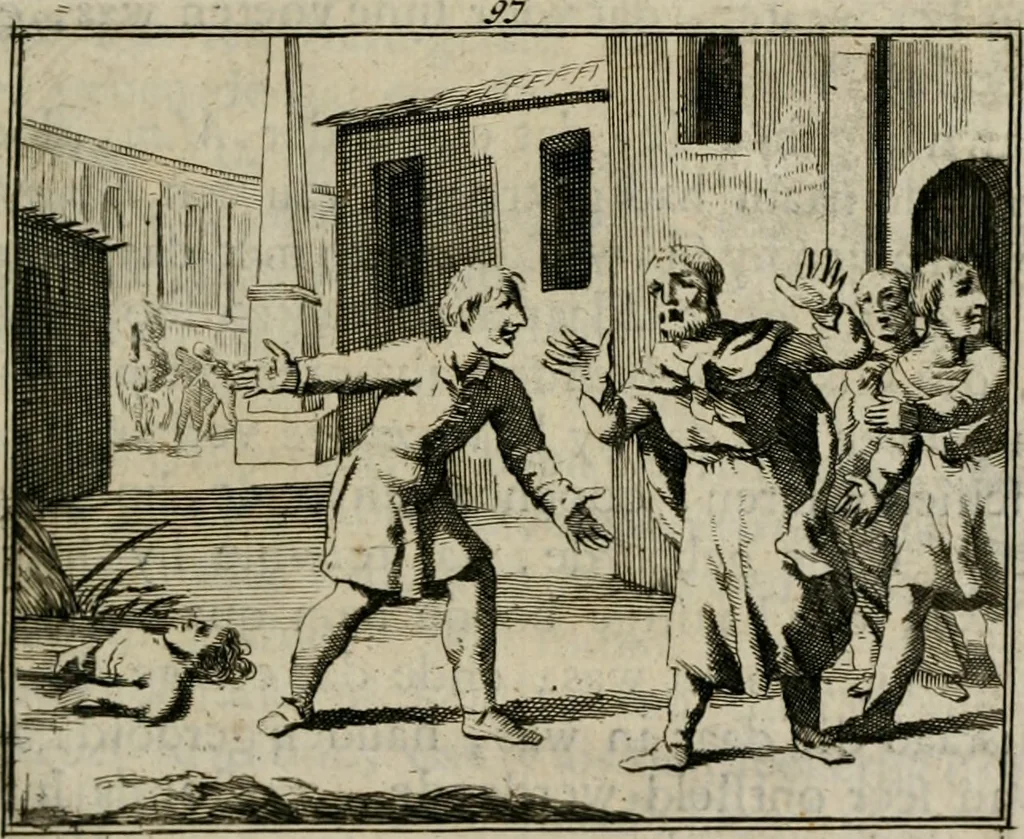 An illustration from Sinryke fabulen : verklaart en toegepast tot alderley zeede-lessen, dienstig om waargenoomen te werden in het menschelijke en burgerlijke leeven, 1685, leaf 708