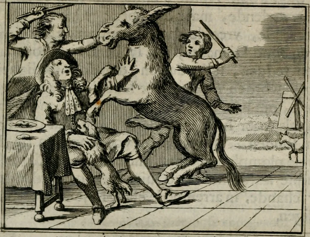 An illustration from Sinryke fabulen : verklaart en toegepast tot alderley zeede-lessen, dienstig om waargenoomen te werden in het menschelijke en burgerlijke leeven, 1685, leaf 76