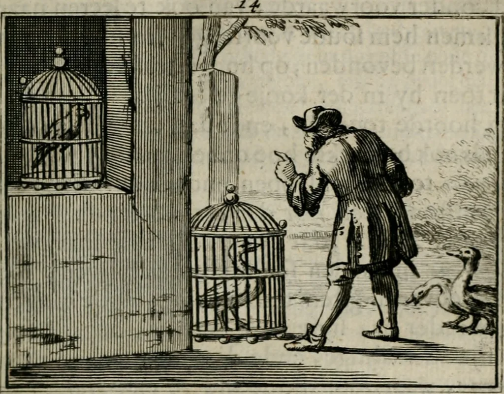 An illustration from Sinryke fabulen : verklaart en toegepast tot alderley zeede-lessen, dienstig om waargenoomen te werden in het menschelijke en burgerlijke leeven, 1685, leaf 92