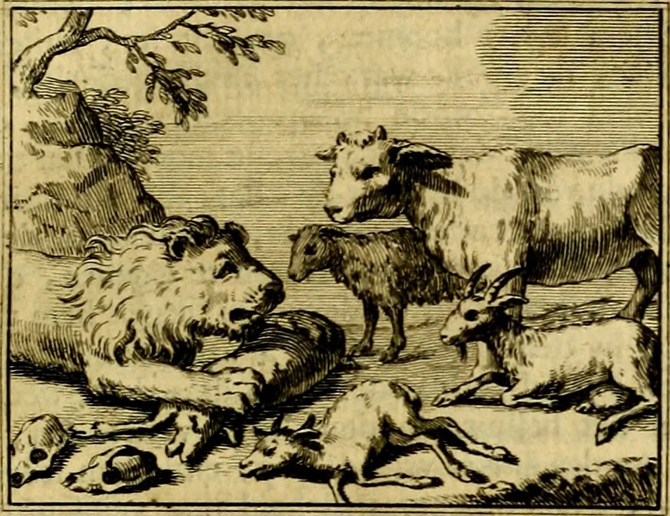 An illustration from Sinryke fabulen, : verklaart en toegepast tot alderley zeede-lessen, dienstig om waargenoomen te werden in het menschelijke en burgerlijke leeven, 1685, leaf 102