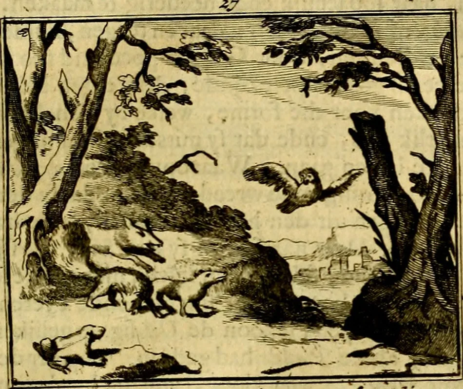 An illustration from Sinryke fabulen, : verklaart en toegepast tot alderley zeede-lessen, dienstig om waargenoomen te werden in het menschelijke en burgerlijke leeven, 1685, leaf 158