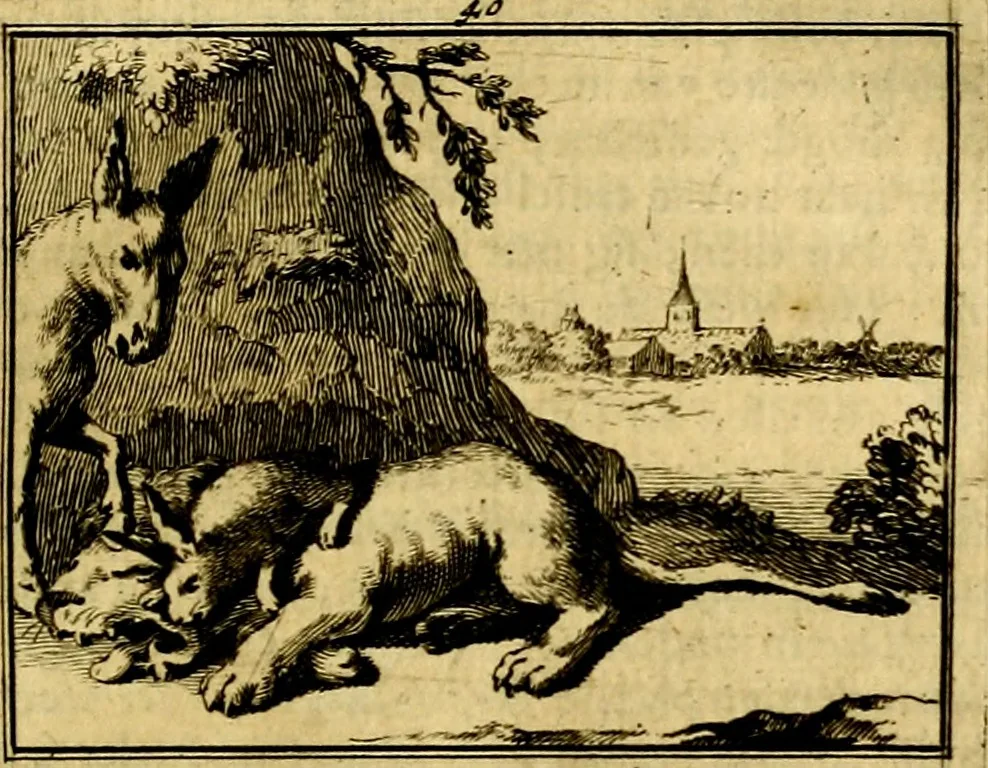 An illustration from Sinryke fabulen, : verklaart en toegepast tot alderley zeede-lessen, dienstig om waargenoomen te werden in het menschelijke en burgerlijke leeven, 1685, leaf 232
