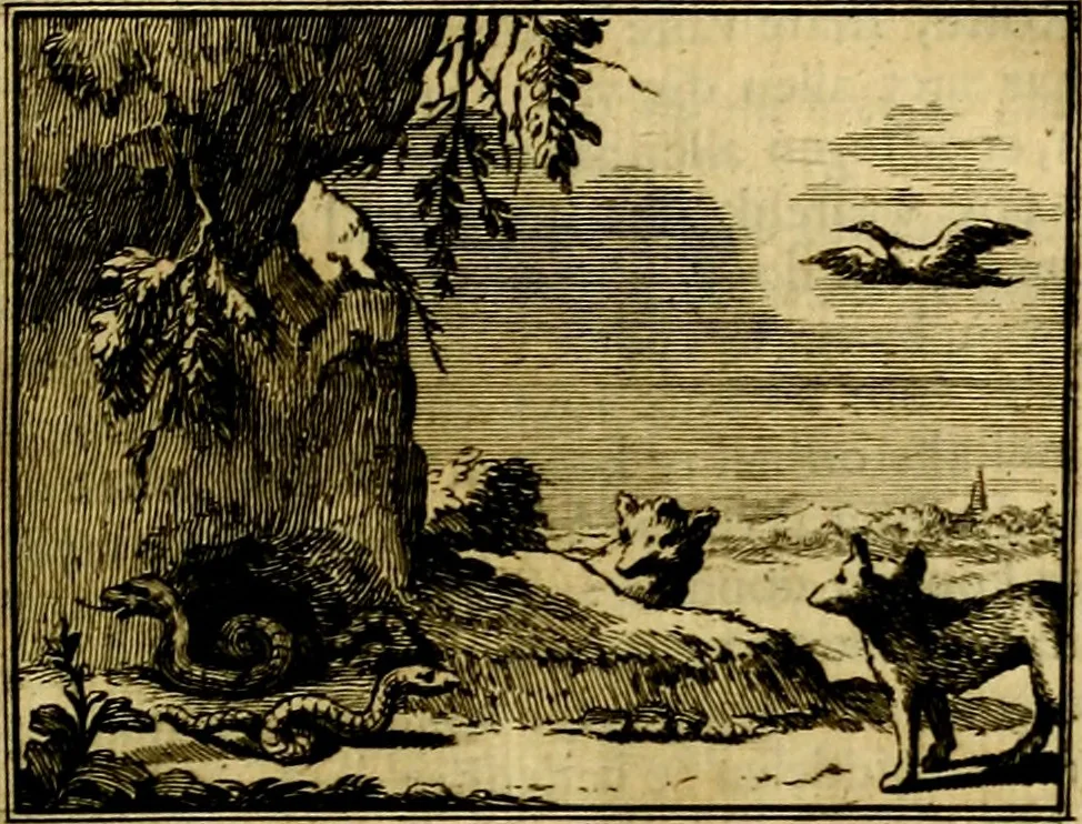 An illustration from Sinryke fabulen, : verklaart en toegepast tot alderley zeede-lessen, dienstig om waargenoomen te werden in het menschelijke en burgerlijke leeven, 1685, leaf 244
