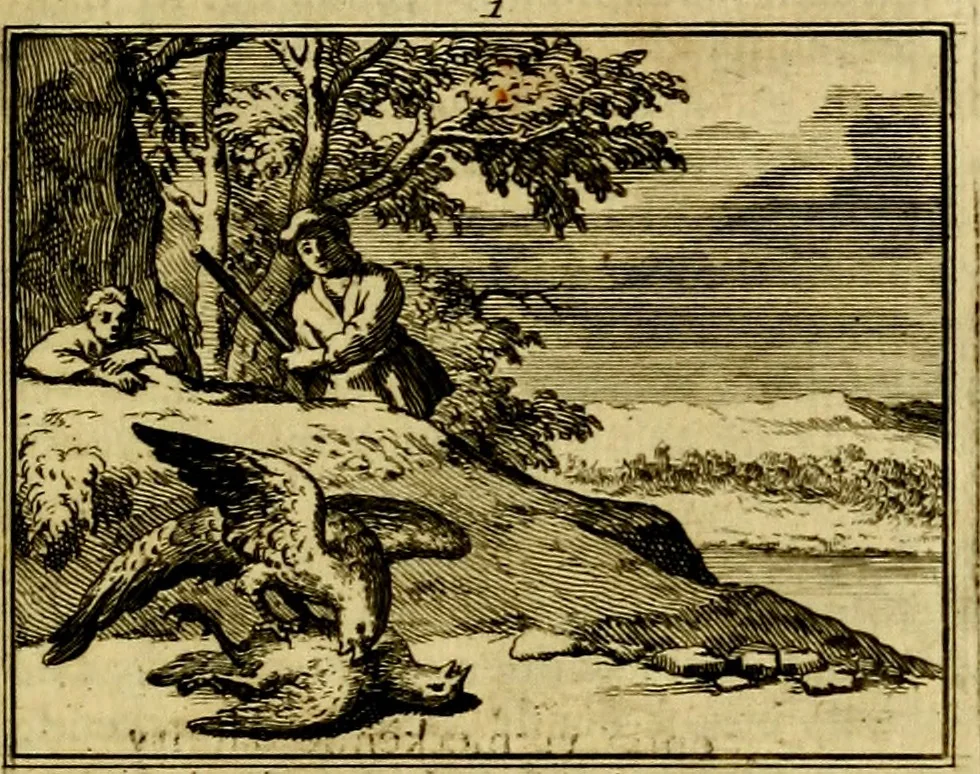 An illustration from Sinryke fabulen, : verklaart en toegepast tot alderley zeede-lessen, dienstig om waargenoomen te werden in het menschelijke en burgerlijke leeven, 1685, leaf 26