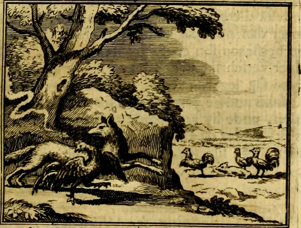 An illustration from Sinryke fabulen, : verklaart en toegepast tot alderley zeede-lessen, dienstig om waargenoomen te werden in het menschelijke en burgerlijke leeven, 1685, leaf 268