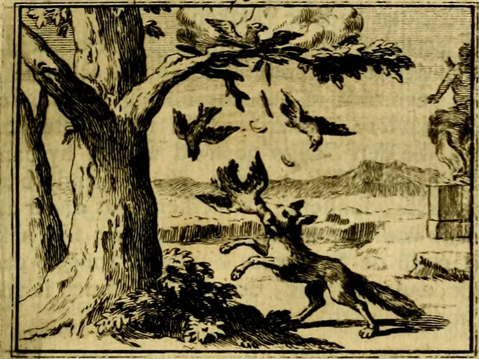 An illustration from Sinryke fabulen, : verklaart en toegepast tot alderley zeede-lessen, dienstig om waargenoomen te werden in het menschelijke en burgerlijke leeven, 1685, leaf 280