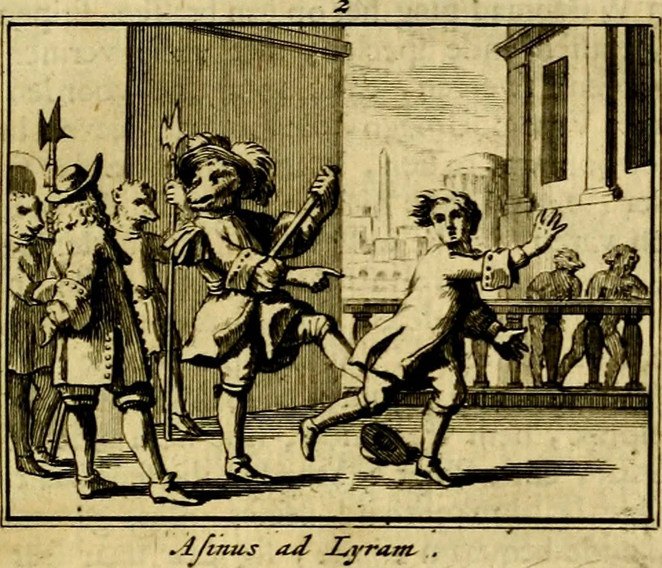 An illustration from Sinryke fabulen, : verklaart en toegepast tot alderley zeede-lessen, dienstig om waargenoomen te werden in het menschelijke en burgerlijke leeven, 1685, leaf 32