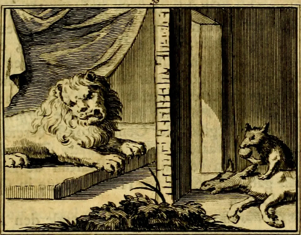 An illustration from Sinryke fabulen, : verklaart en toegepast tot alderley zeede-lessen, dienstig om waargenoomen te werden in het menschelijke en burgerlijke leeven, 1685, leaf 334