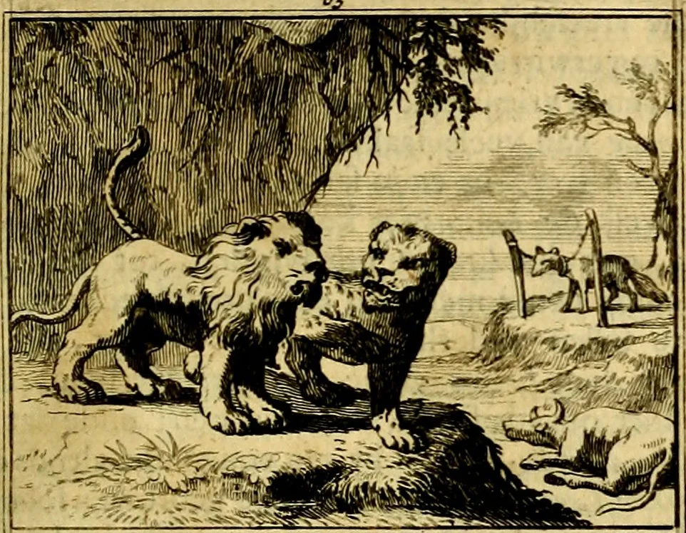 An illustration from Sinryke fabulen, : verklaart en toegepast tot alderley zeede-lessen, dienstig om waargenoomen te werden in het menschelijke en burgerlijke leeven, 1685, leaf 404