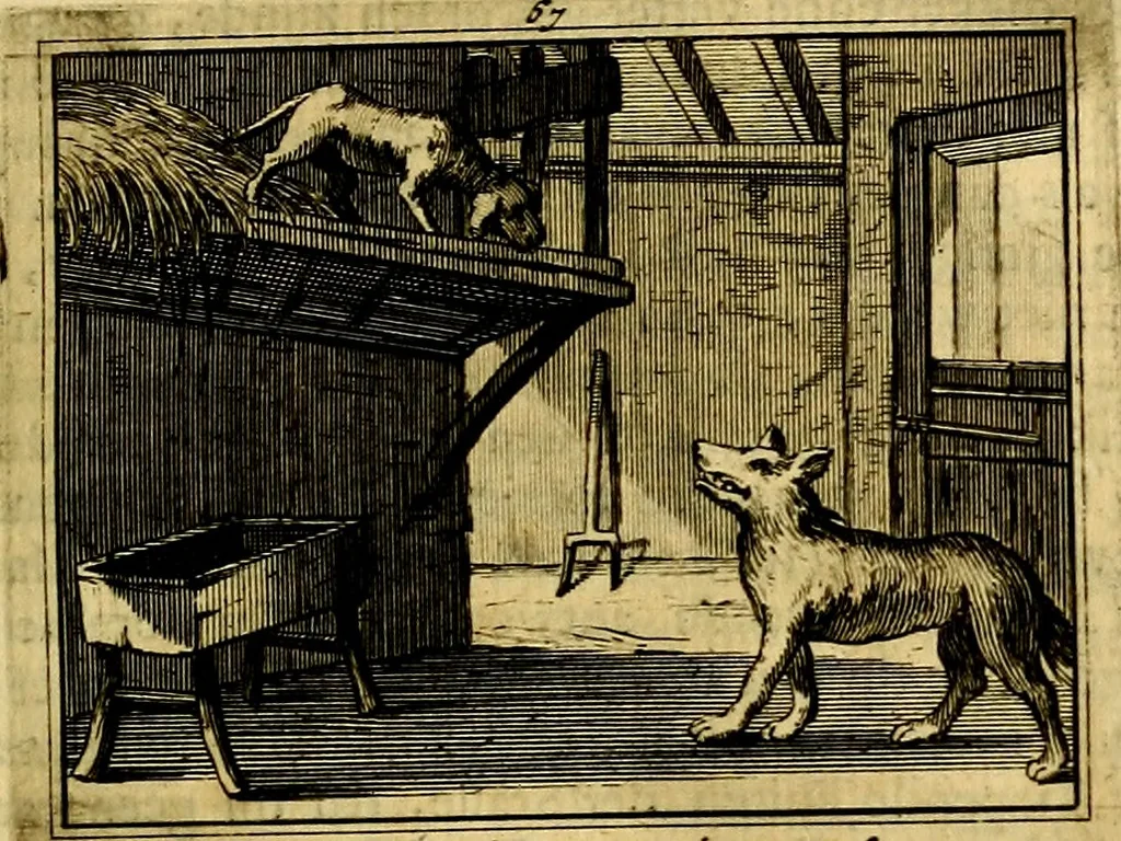 An illustration from Sinryke fabulen, : verklaart en toegepast tot alderley zeede-lessen, dienstig om waargenoomen te werden in het menschelijke en burgerlijke leeven, 1685, leaf 422