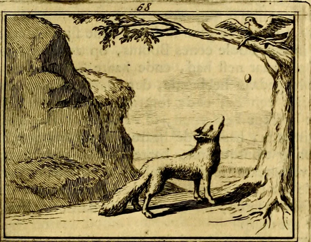An illustration from Sinryke fabulen, : verklaart en toegepast tot alderley zeede-lessen, dienstig om waargenoomen te werden in het menschelijke en burgerlijke leeven, 1685, leaf 428