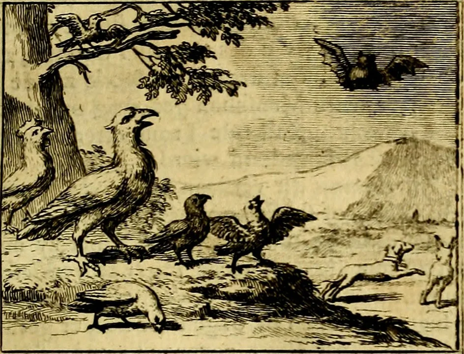 An illustration from Sinryke fabulen, : verklaart en toegepast tot alderley zeede-lessen, dienstig om waargenoomen te werden in het menschelijke en burgerlijke leeven, 1685, leaf 472
