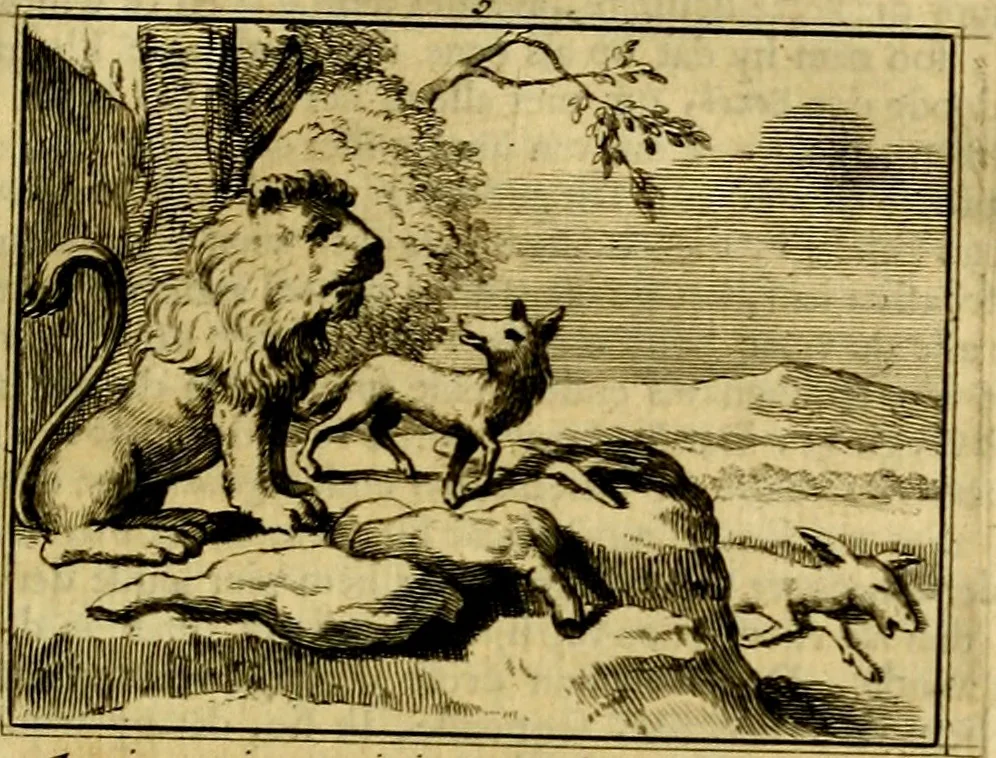 An illustration from Sinryke fabulen, : verklaart en toegepast tot alderley zeede-lessen, dienstig om waargenoomen te werden in het menschelijke en burgerlijke leeven, 1685, leaf 48
