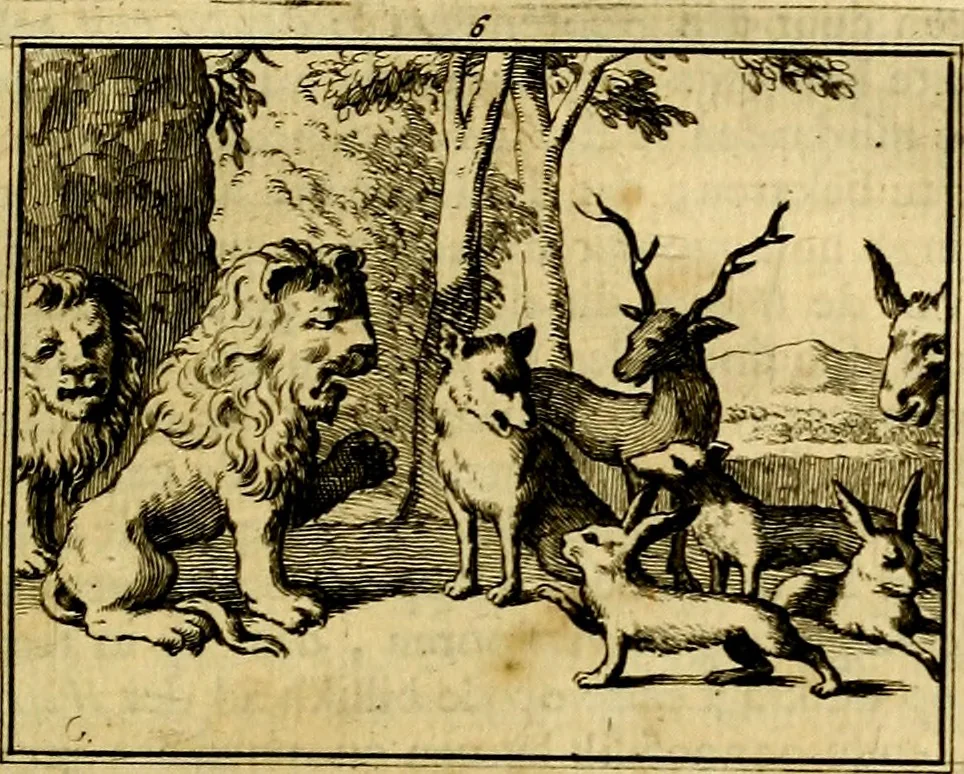An illustration from Sinryke fabulen, : verklaart en toegepast tot alderley zeede-lessen, dienstig om waargenoomen te werden in het menschelijke en burgerlijke leeven, 1685, leaf 52