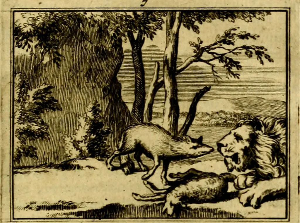 An illustration from Sinryke fabulen, : verklaart en toegepast tot alderley zeede-lessen, dienstig om waargenoomen te werden in het menschelijke en burgerlijke leeven, 1685, leaf 58