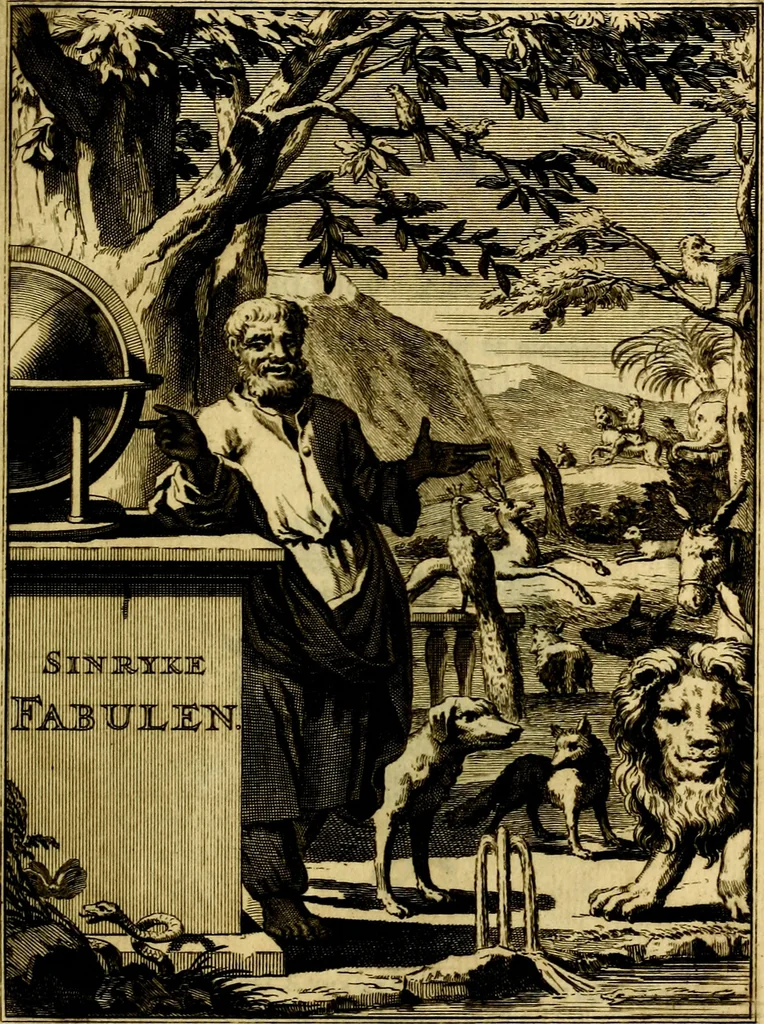 An illustration from Sinryke fabulen, : verklaart en toegepast tot alderley zeede-lessen, dienstig om waargenoomen te werden in het menschelijke en burgerlijke leeven, 1685, leaf 6