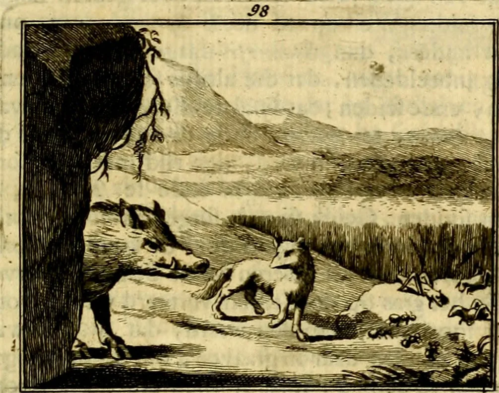 An illustration from Sinryke fabulen, : verklaart en toegepast tot alderley zeede-lessen, dienstig om waargenoomen te werden in het menschelijke en burgerlijke leeven, 1685, leaf 720