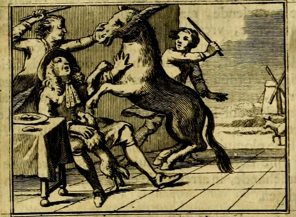 An illustration from Sinryke fabulen, : verklaart en toegepast tot alderley zeede-lessen, dienstig om waargenoomen te werden in het menschelijke en burgerlijke leeven, 1685, leaf 76