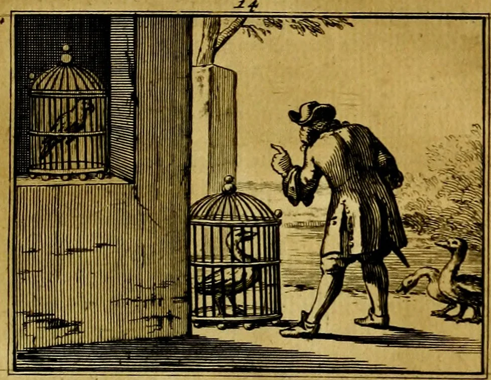 An illustration from Sinryke fabulen, : verklaart en toegepast tot alderley zeede-lessen, dienstig om waargenoomen te werden in het menschelijke en burgerlijke leeven, 1685, leaf 92