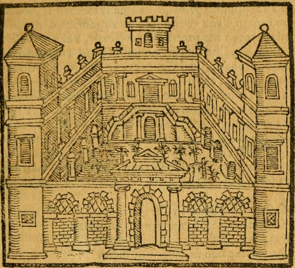 An illustration from Sito, et antichita della citta di Pozzuolo : e del suo amenissimo distretto. Con la descrittione di tutti i luoghi notabili ... e di Cuma, et di Baia, e di Miseno ... con le figure de gli edifici, e con gli epitafi che vi sono., 1591, leaf 106