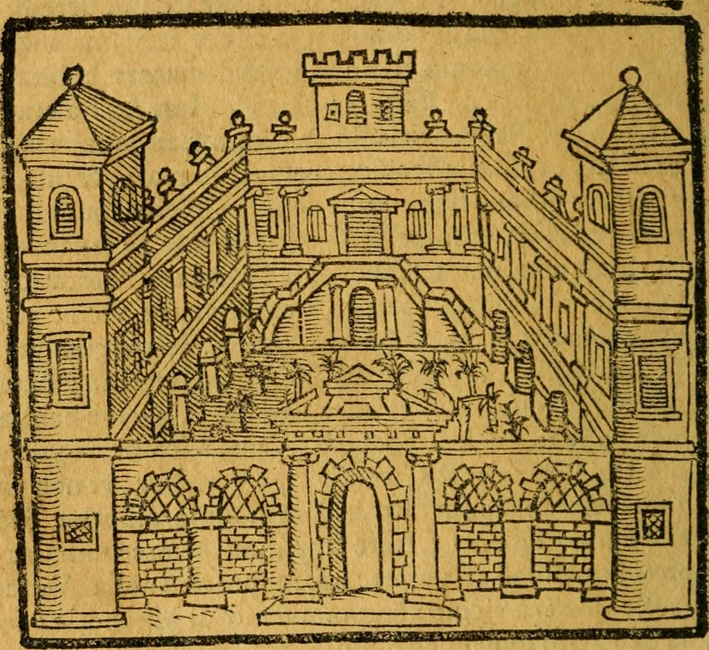 An illustration from Sito, et antichita della citta di Pozzuolo : e del suo amenissimo distretto. Con la descrittione di tutti i luoghi notabili ... e di Cuma, et di Baia, e di Miseno ... con le figure de gli edifici, e con gli epitafi che vi sono., 1591, leaf 121