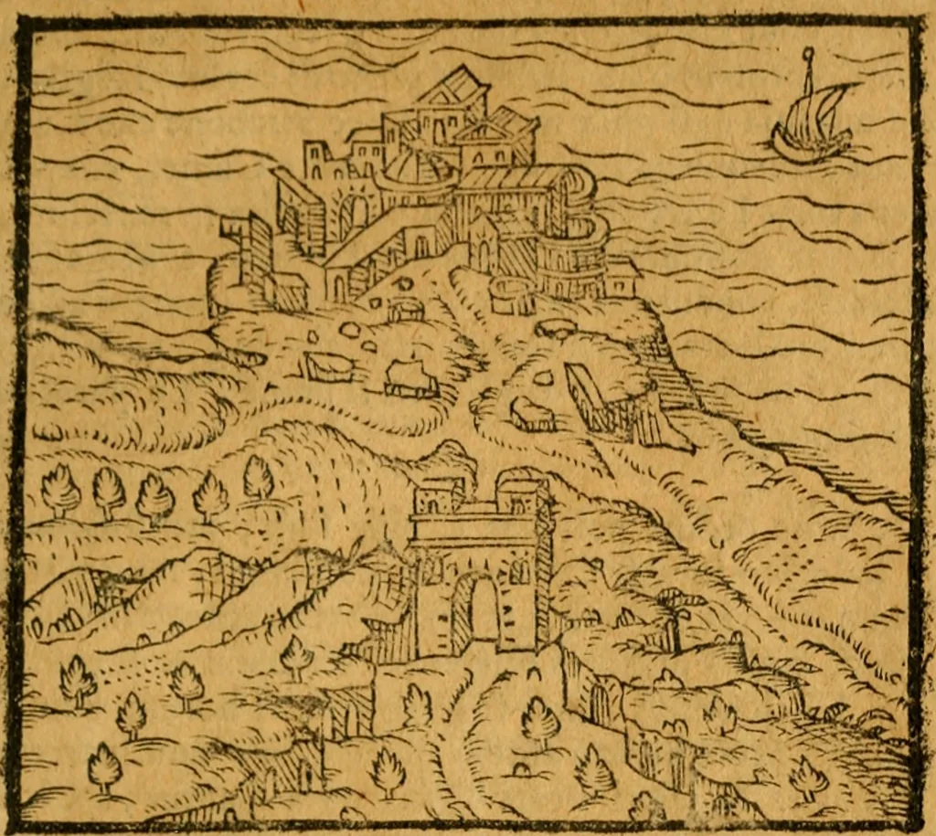 An illustration from Sito, et antichita della citta di Pozzuolo : e del suo amenissimo distretto. Con la descrittione di tutti i luoghi notabili ... e di Cuma, et di Baia, e di Miseno ... con le figure de gli edifici, e con gli epitafi che vi sono., 1591, leaf 130