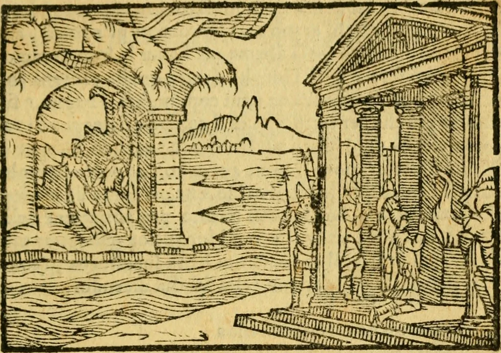 An illustration from Sito, et antichita della citta di Pozzuolo : e del suo amenissimo distretto. Con la descrittione di tutti i luoghi notabili ... e di Cuma, et di Baia, e di Miseno ... con le figure de gli edifici, e con gli epitafi che vi sono., 1591, leaf 136