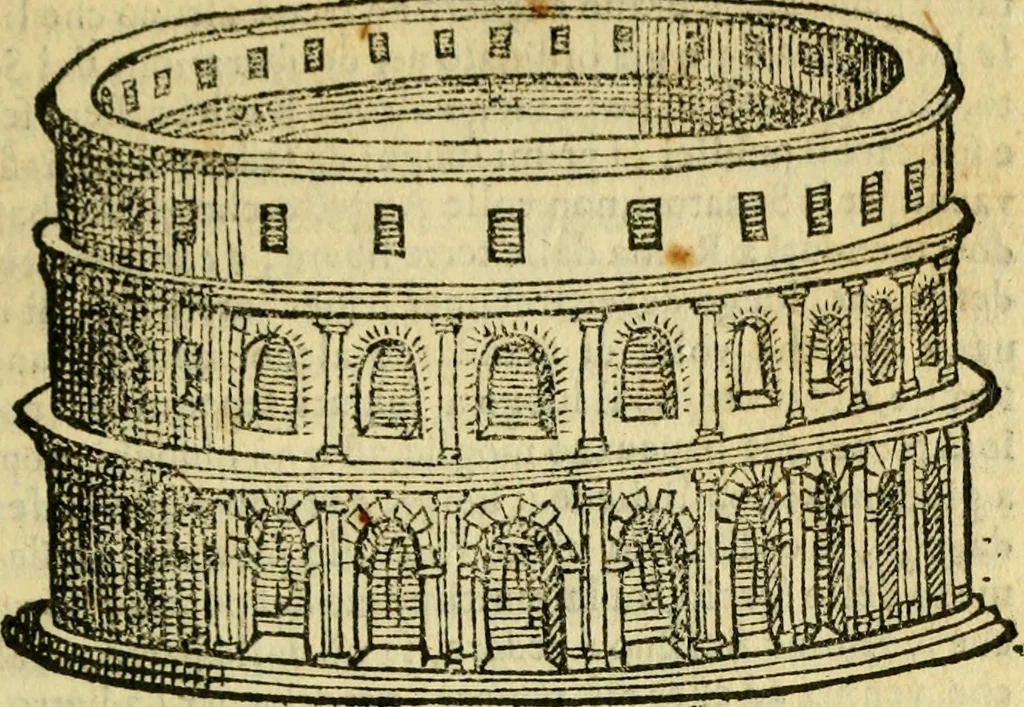 An illustration from Sito, et antichita della citta di Pozzuolo : e del suo amenissimo distretto. Con la descrittione di tutti i luoghi notabili ... e di Cuma, et di Baia, e di Miseno ... con le figure de gli edifici, e con gli epitafi che vi sono., 1591, leaf 44