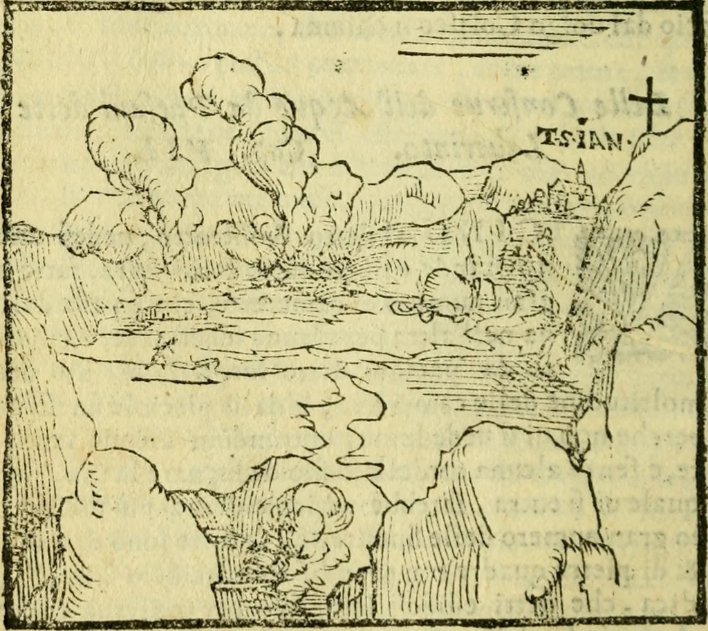 An illustration from Sito, et antichita della citta di Pozzuolo : e del suo amenissimo distretto. Con la descrittione di tutti i luoghi notabili ... e di Cuma, et di Baia, e di Miseno ... con le figure de gli edifici, e con gli epitafi che vi sono., 1591, leaf 49
