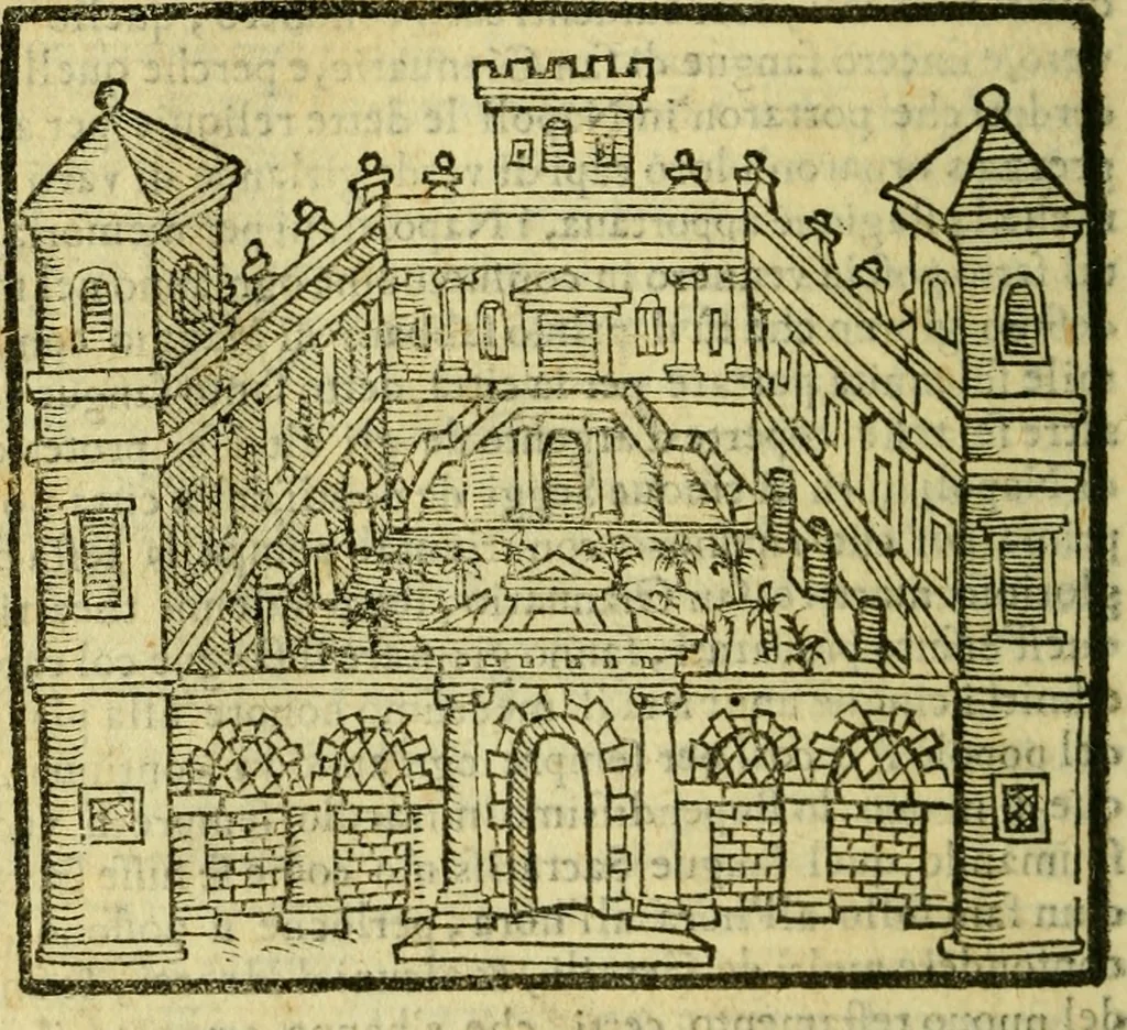 An illustration from Sito, et antichita della citta di Pozzuolo : e del suo amenissimo distretto. Con la descrittione di tutti i luoghi notabili ... e di Cuma, et di Baia, e di Miseno ... con le figure de gli edifici, e con gli epitafi che vi sono., 1591, leaf 57
