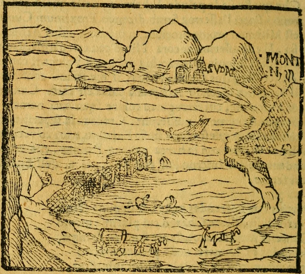 An illustration from Sito, et antichita della citta di Pozzuolo : e del suo amenissimo distretto. Con la descrittione di tutti i luoghi notabili ... e di Cuma, et di Baia, e di Miseno ... con le figure de gli edifici, e con gli epitafi che vi sono., 1591, leaf 85