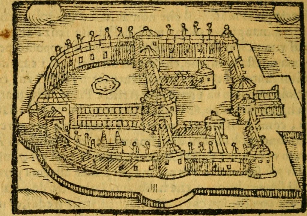 An illustration from Sito, et antichita della citta di Pozzuolo : e del suo amenissimo distretto. Con la descrittione di tutti i luoghi notabili ... e di Cuma, et di Baia, e di Miseno ... con le figure de gli edifici, e con gli epitafi che vi sono., 1591, leaf 97