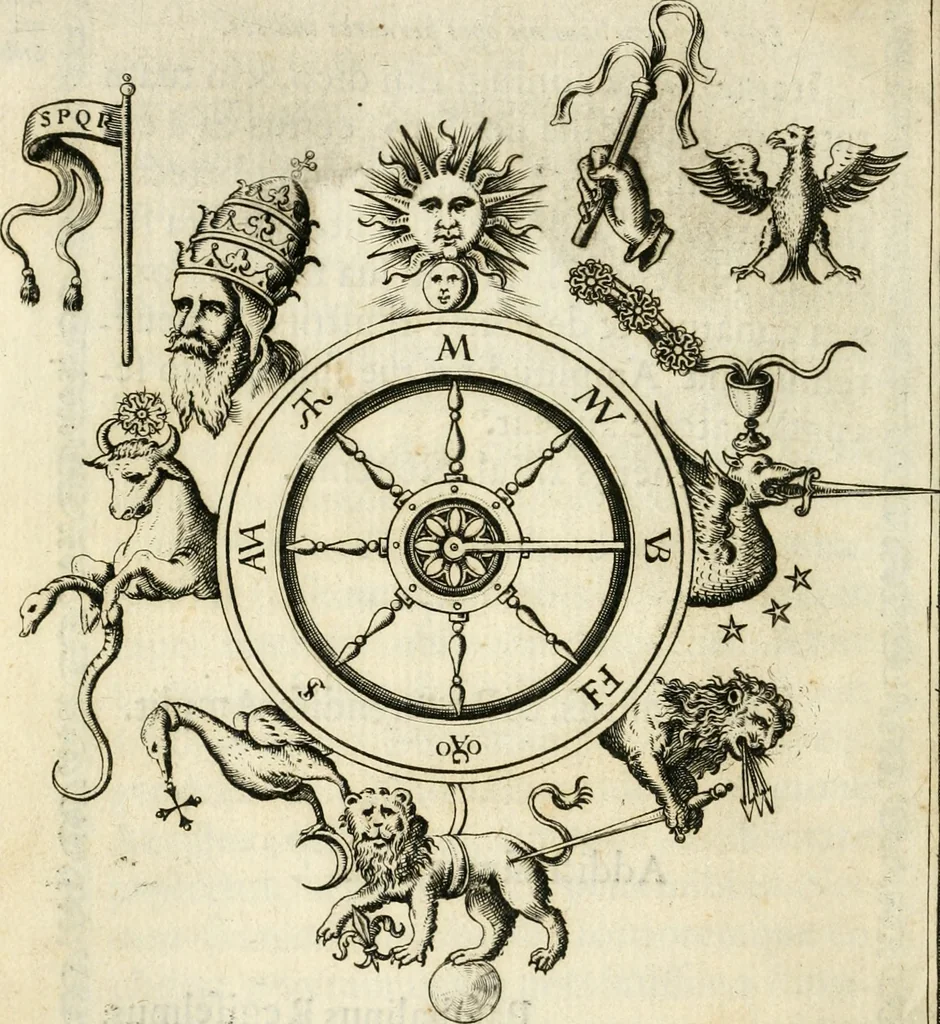 An illustration from Vaticinia, siue, Prophetiae Abbatis Ioachimi & Anselmi episcopi marsicani ... : qvibvs rota et oraculum turcicum maxime considerationis adiecta sunt : vnà cum praefatione et adnotationibus Paschalini Regiselmi = Vaticinii, ouero, Profetie dell'abbate Gioachino & di Anselmo vescovo di Marsico ... : a qvalli e aggionta una ruota et un' oracolo turchesco di grandissima cosideratione : insieme con la prefatione et annotationi di Pasqualino Regiselmo, 1600, leaf 11