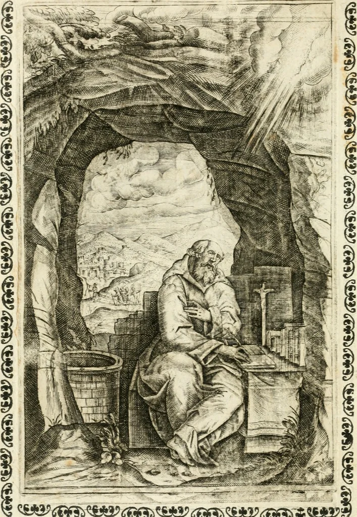 An illustration from Vaticinia, siue, Prophetiae Abbatis Ioachimi & Anselmi episcopi marsicani ... : qvibvs rota et oraculum turcicum maxime considerationis adiecta sunt : vnà cum praefatione et adnotationibus Paschalini Regiselmi = Vaticinii, ouero, Profetie dell'abbate Gioachino & di Anselmo vescovo di Marsico ... : a qvalli e aggionta una ruota et un' oracolo turchesco di grandissima cosideratione : insieme con la prefatione et annotationi di Pasqualino Regiselmo, 1600, leaf 27