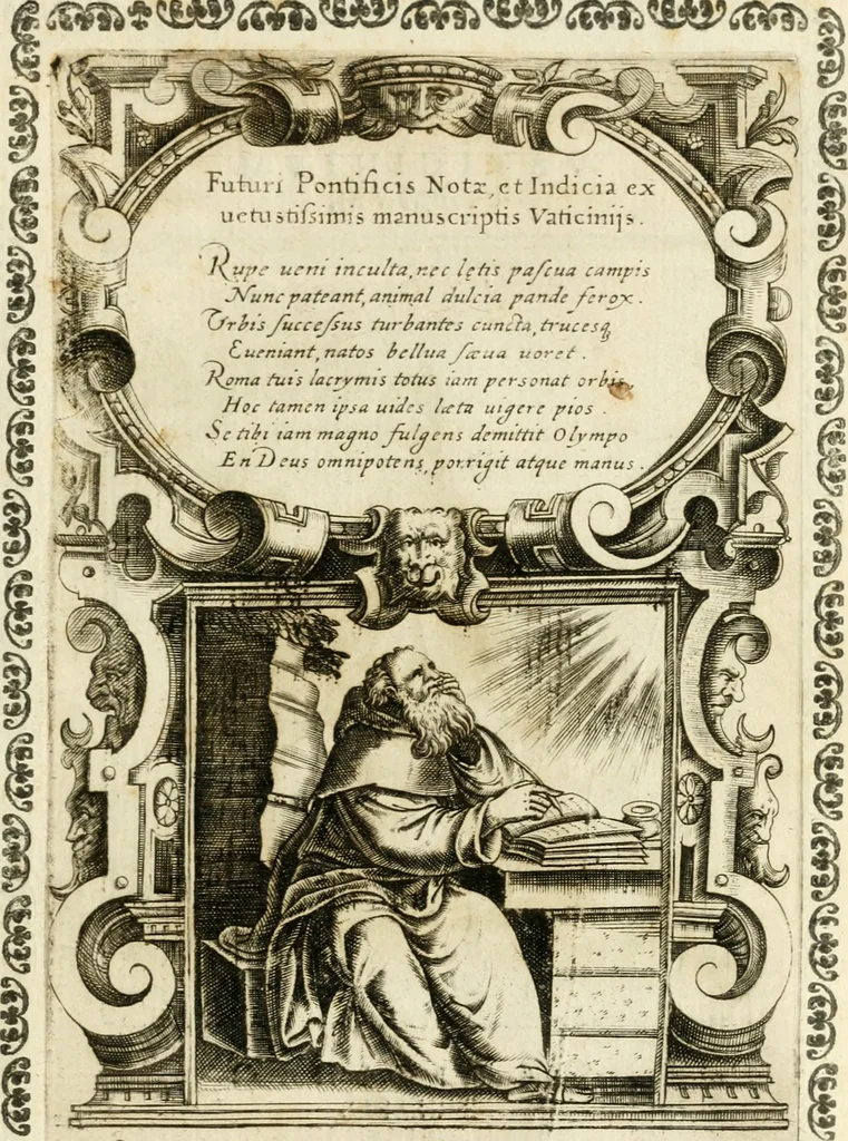 An illustration from Vaticinia, siue, Prophetiae Abbatis Ioachimi & Anselmi episcopi marsicani ... : qvibvs rota et oraculum turcicum maxime considerationis adiecta sunt : vnà cum praefatione et adnotationibus Paschalini Regiselmi = Vaticinii, ouero, Profetie dell'abbate Gioachino & di Anselmo vescovo di Marsico ... : a qvalli e aggionta una ruota et un' oracolo turchesco di grandissima cosideratione : insieme con la prefatione et annotationi di Pasqualino Regiselmo, 1600, leaf 36